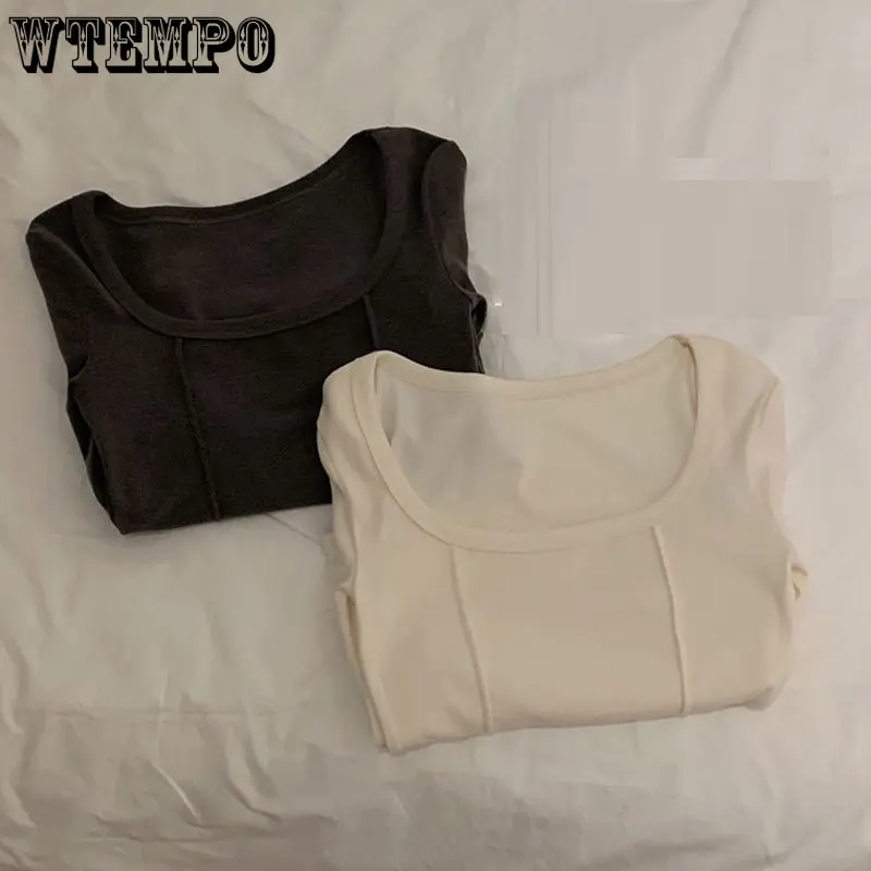 

Square collar velvet bottoming shirt outer wear t-shirt autumn winter Sexy hem arc inner warm top women Warm Clothing Wholesale