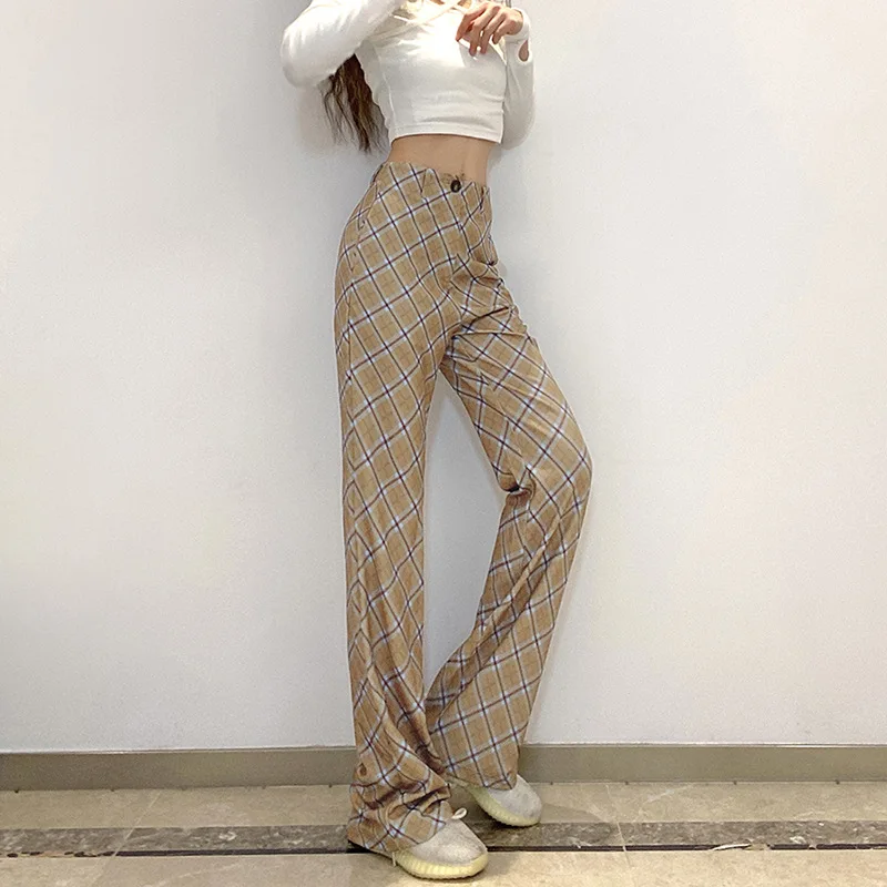 

Women Plaid Printed Retro Trousers 2023 Autumn and Winter New Women's Loose High Waist Fashion Plaid Casual Wild Wide-leg Pants