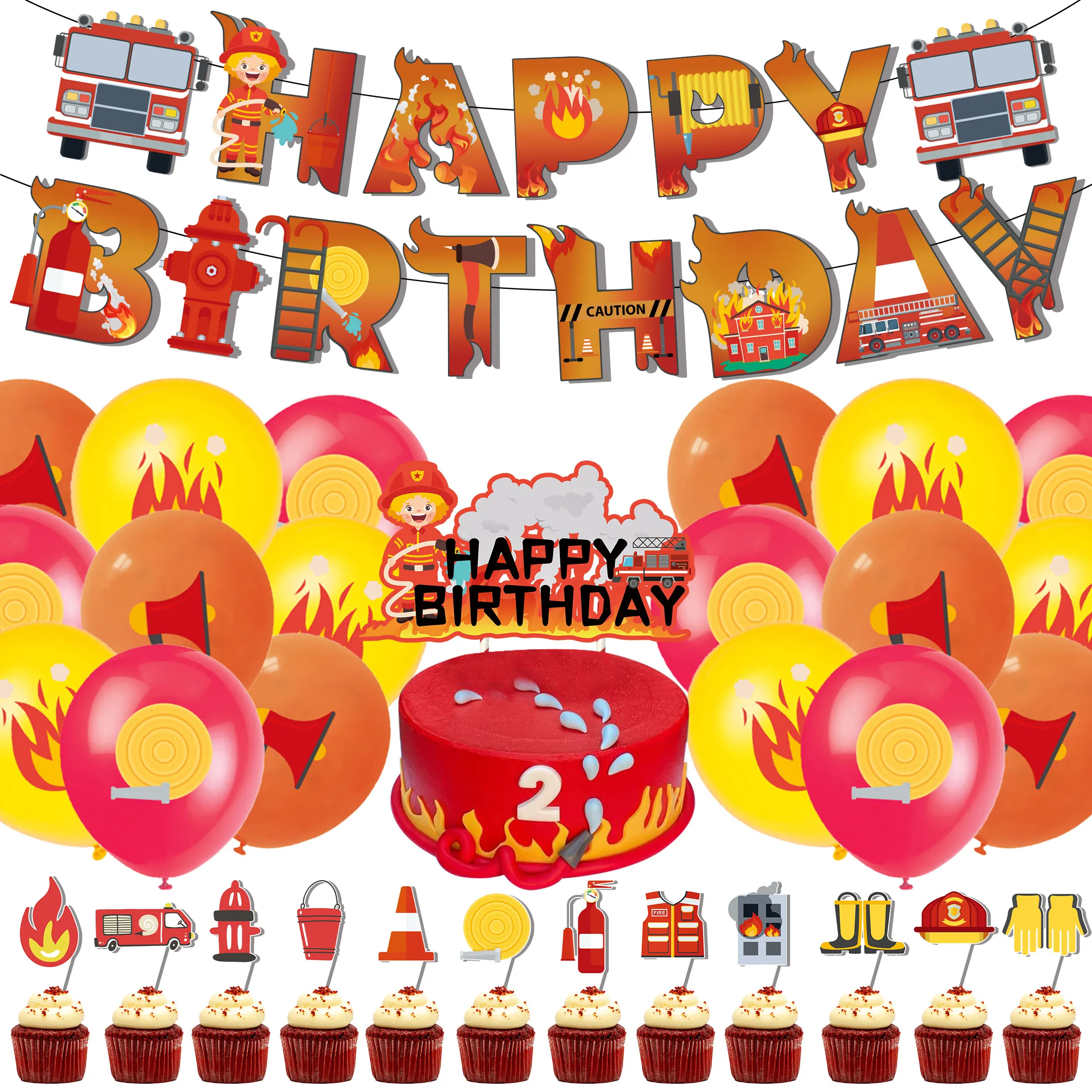 

Fireman Theme Birthday Party Decor cake topper Balloons Happy Birthday Banner Kids Boys Party Favor Baby Shower Party Supplies