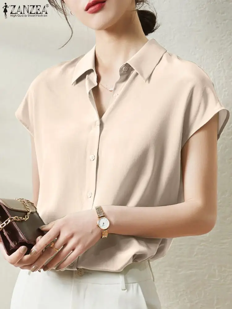

Блузка ZANZEA женская с коротким рукавом, модная офисная рубашка с воротником с лацканами, Повседневная элегантная однотонная винтажная сорочка, лето 2023