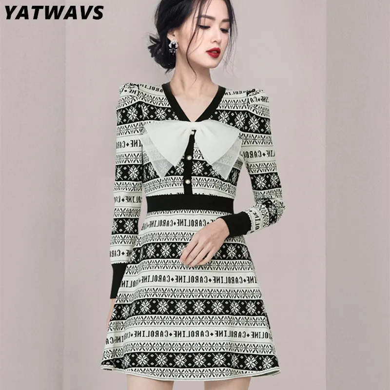 

Vintage Mini Dresses For Women Long Sleeved V-Neck Flower Knitted Woman Dress French Female Casual Sweater Autumn 2022 New
