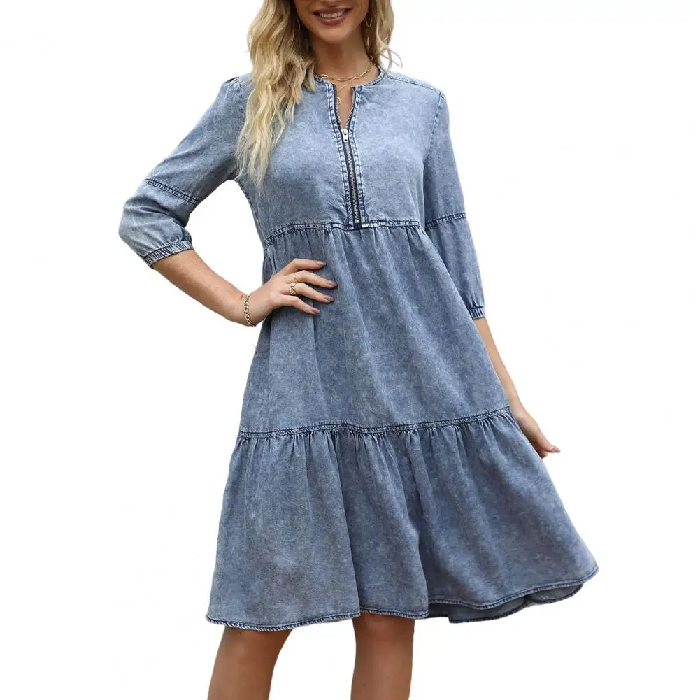 

Black Dress Women Zipper Half Placket 3/4 Sleeve High Waist Imitation Denim Vintage Dress Ruffled Hem Casual Dress Streetwear