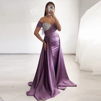 purple evening dress for wedding party satin off the shoulder beaded elegant a line long prom gowns celebrity gown