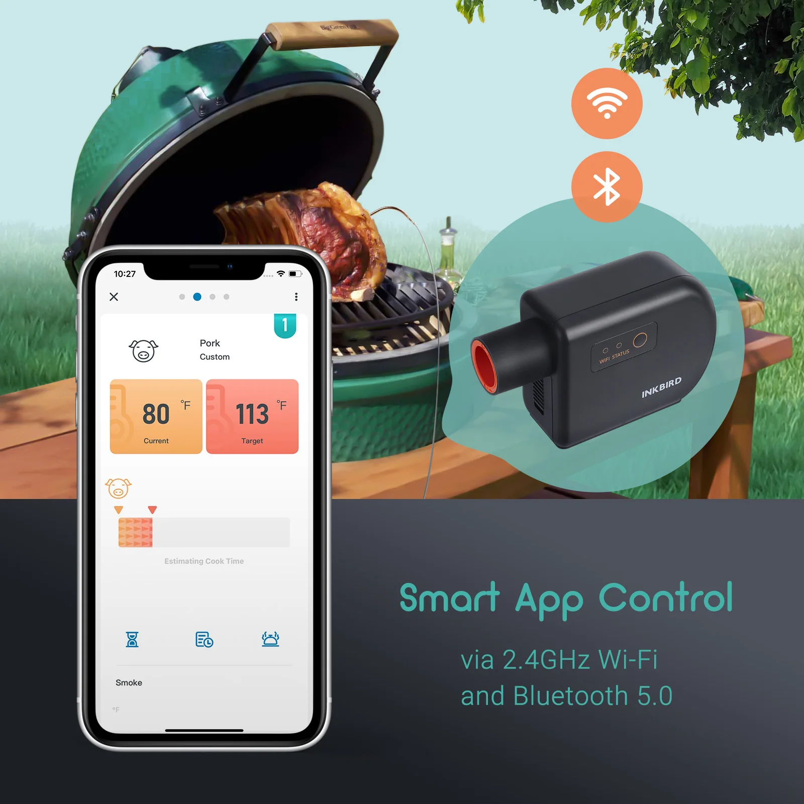 

INKBIRD BBQ Temperature ISC-027BW Pattern Controller Automatic Smoker Fan Wi-Fi Bluetooth with 4 Probes for Big Green Egg still