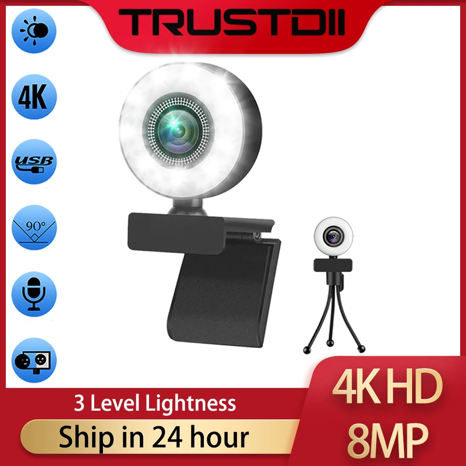Trustdii 1080P 2K 4K HD Webcam with Ring Fill Light Laptop PC Computer Live Broadcast Camera Video Web Camera Microphone Web Cam