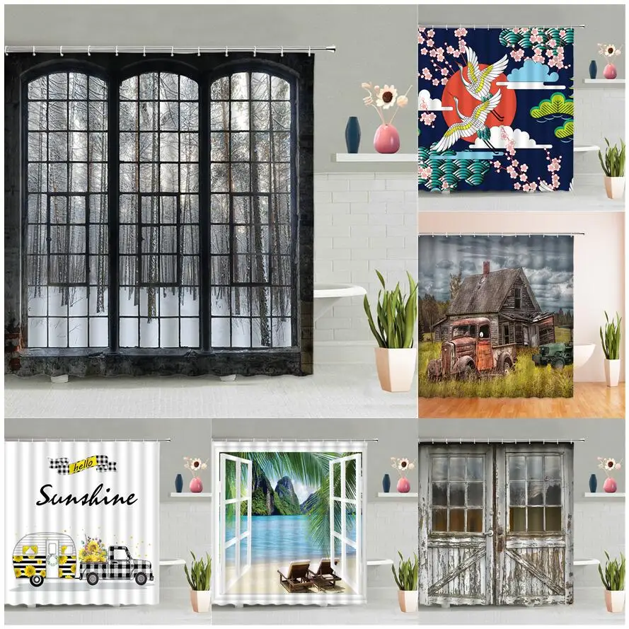 vintage window shower curtain retro nature forest waterfall ocean landscape rustic farm truck bathroom bath curtains decor sets free global shipping