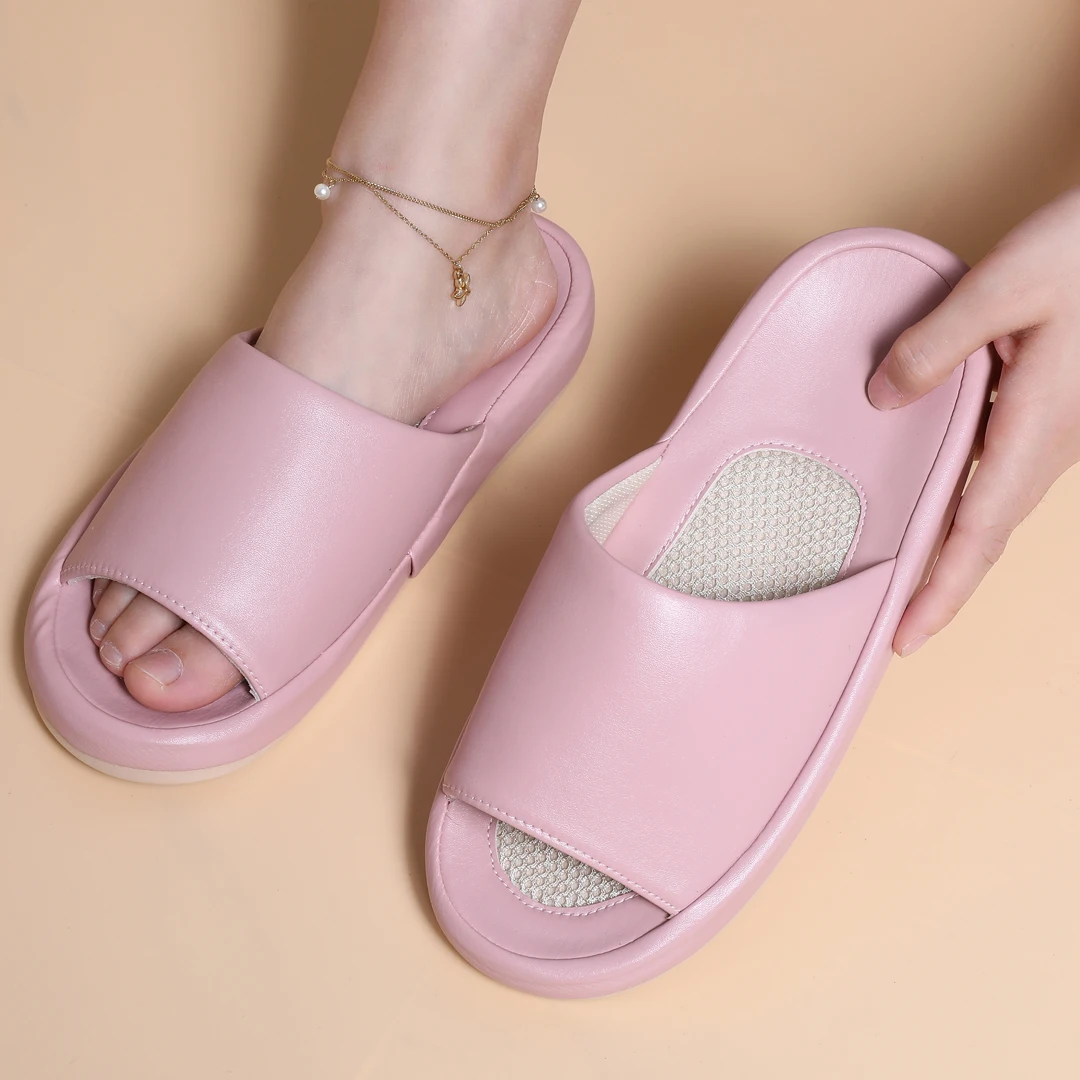 

Comwarm Four Season Indoor Slippers For Women Men Non-Slip Soft High Elastic Sole EVA PU Leather Cotton Slides Home Comfort Shoe