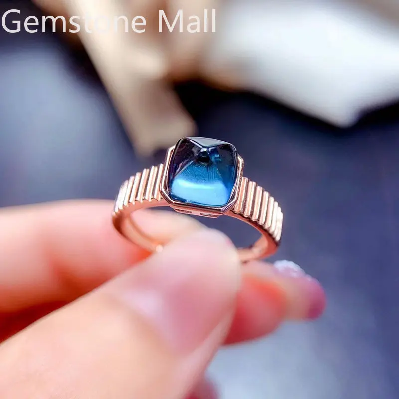 

Sugarloaf Topaz Silver Ring 7mm 1.5ct Natural London Blue Topaz Ring with 3 Layers 18K Gold Plating Gift for Woman