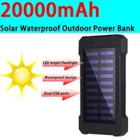 20000mah solar panel power bank fast charging external battery outdoor waterproof charger flashlight for iphone xiaomi huawei