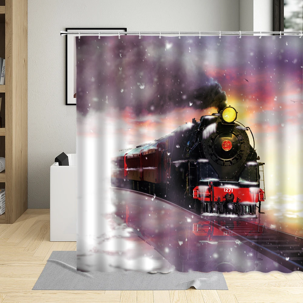 

Snowflake Scenery Steam Engine Sightseeing Train Bathroom Curtains Winter Snow Forest Shower Curtain Waterproof for Art Decor