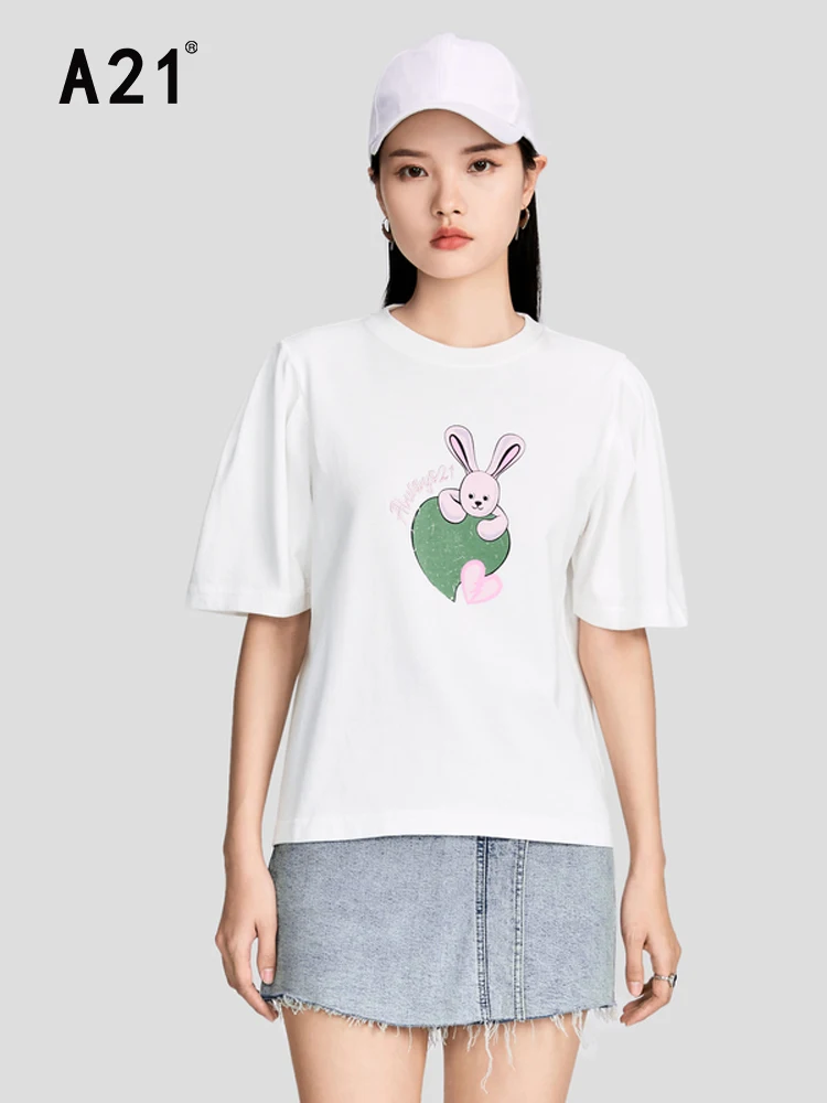 

A21 Women's Chic Cartoon Printing T-shirt 2022 Summer New Fashion Pure Cotton Round Neck Cute Loose Short-sleeved Casual Tops