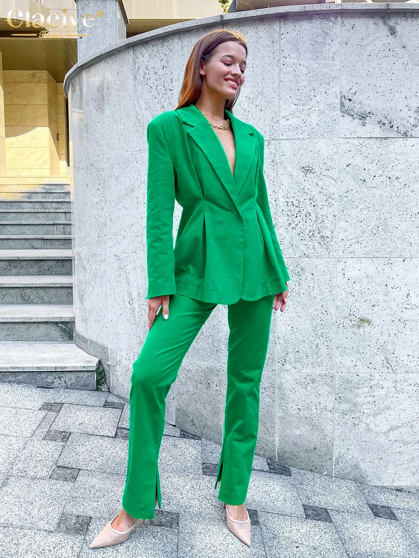 

Clacive Fashion Loose Green Two Piece Sets Womens Outifits Winter Long Sleeve Blazers With High Waist Slit Trousers Suits Female