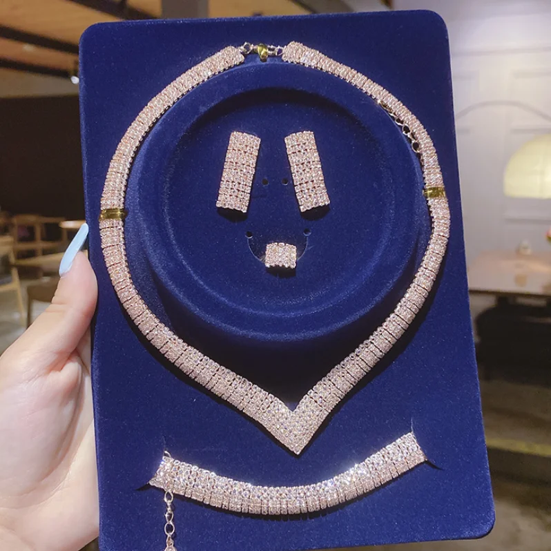 

ANGLANG Luxury Noble Jewelry Sets High Quality Zircon Silver Dangle Earrrings Necklace Ring Sets for Women Wedding Party Gift