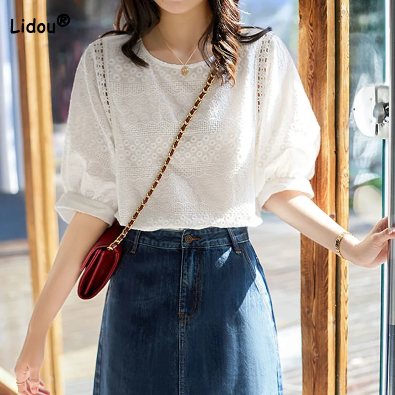 

Simplicity Water Soluble Embroidery Half Sleeve Summer Office Lady Crew Neck Lace All-match Loose Lantern Sleeve White Top Women