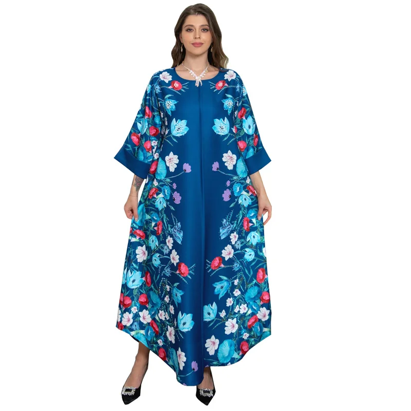 2023 Summer Elegant Muslim Women Long Sleeve O-neck Polyester Printing Long Abaya Muslim Fashion Dress Muslim Dress Women