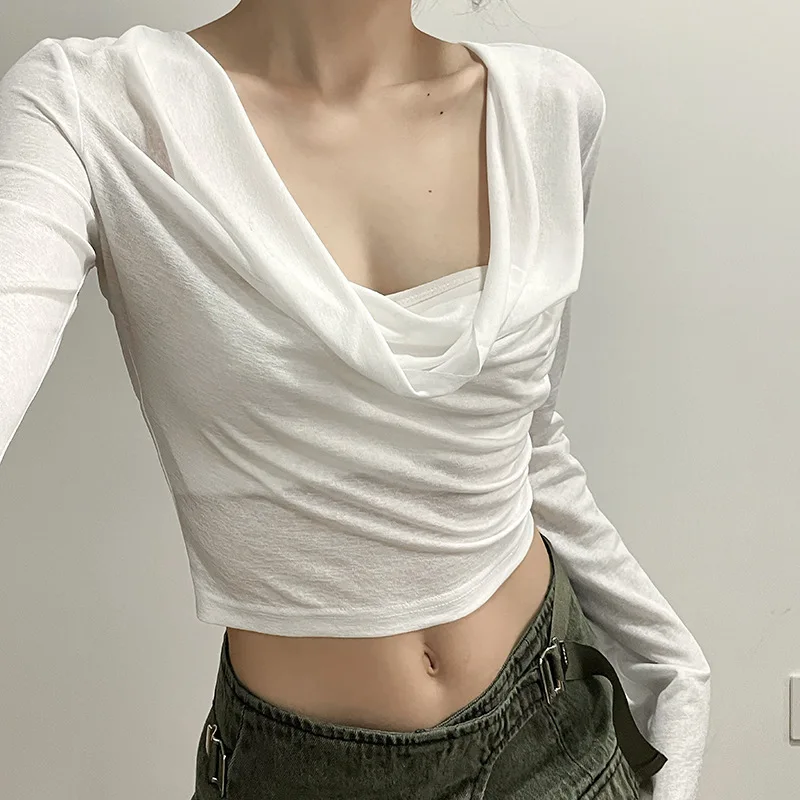 

2023 New Summer Women's Fashion Sexy Yoga Shirt Solid Color Pleated Hooded Slim Fit Navel Exposed Sun Protection Shirt