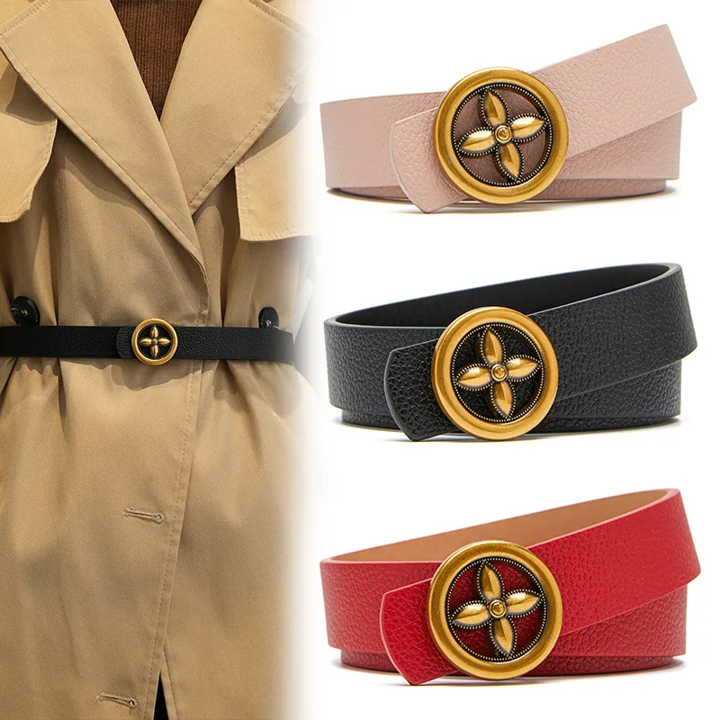 

Coat PU Leather Peplum Waist Belt Female Designer Plum Buckle Decoration Jean Waistband Korean Fashion Red Black Belts For Women