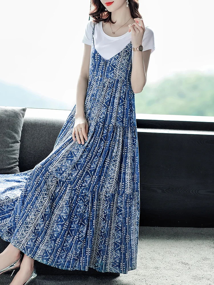 

Новинка 2022, популярное платье на бретелях в национальном стиле с изысканной вышивкой и футболкой, комплект одежды NW21A3413