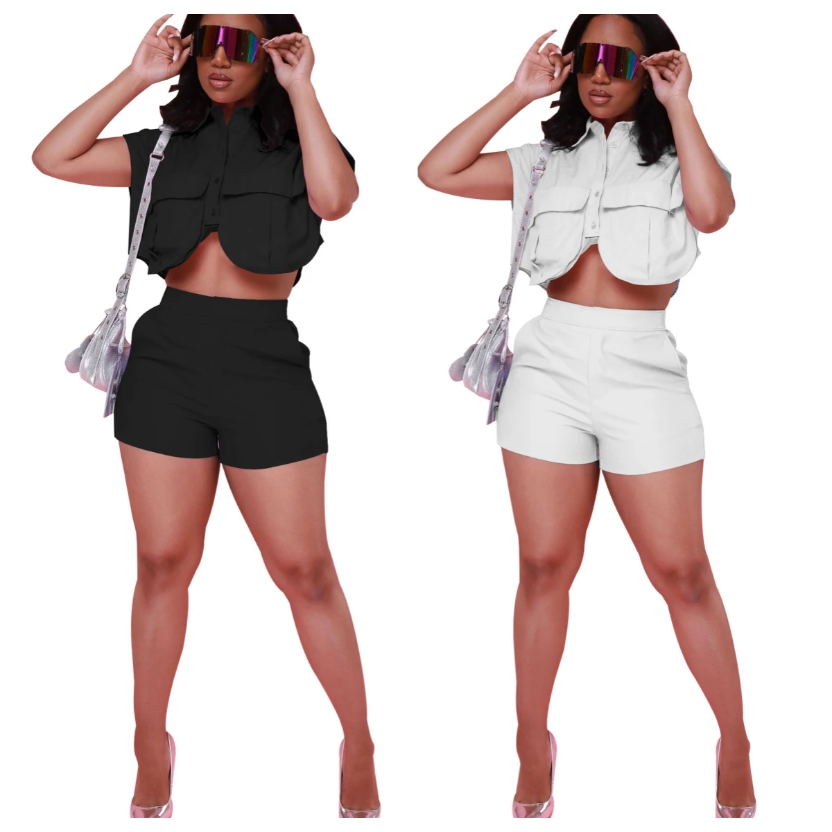 

Casual Women Tracksuit Two Piece Set Shirt + Short Pants Solid Color Streetwear Clothes For Women Outfit