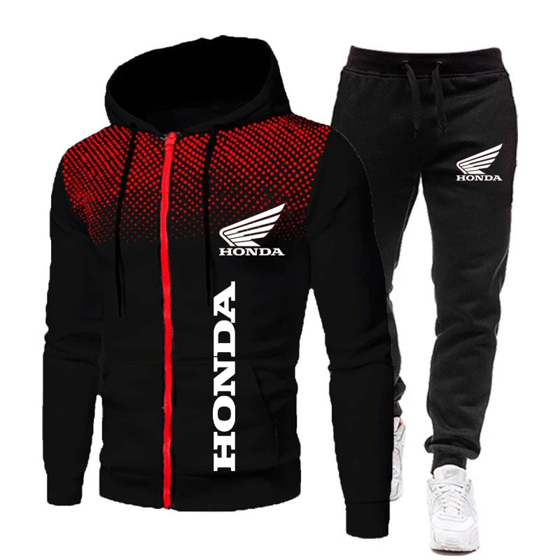 2023 Autumn/Winter Honda Logo Printed Hoodie Set Fleece Zip Hoodie Sweatshirt and Athletic Pants Men's Set Sweatshirt