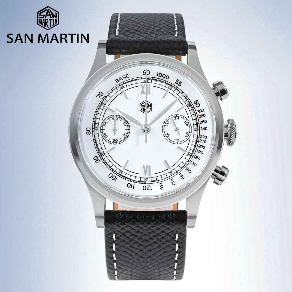 

San Martin Luxury Men Quartz Wristwatch 38mm Japanese VK64 Classic Chronograph Watches Roman Numeral Dial Sapphire Leather Strap