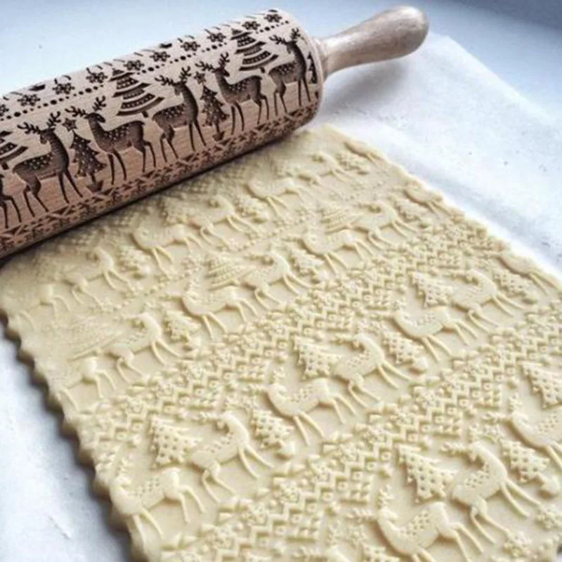 Christmas Embossing Rolling Pin Baking Cookies Noodle Biscuit Fondant Cake Dough Engraved Roller Reindeer