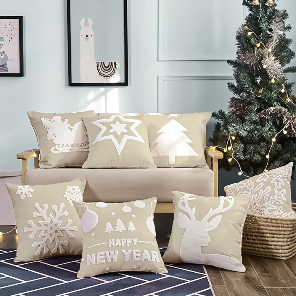 

Christmas Décor Cushion Cover Beige Deer Snowflake Pillowcase Cotton Square Embroidery Pillow Cover 45x45cm Sofa Bed Living Room