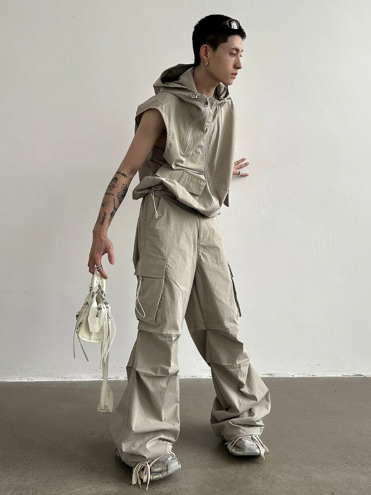 Summer Cargo Pants Set Men Hooded Vest Double Zipper Sleeveless Tops Japan Streetwear Hip Hop Korean Plus Size Long Pants Suit