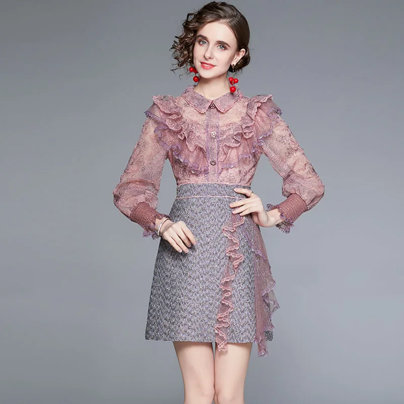 

Женское осенне-зимнее платье с воротником-поло, кружевное приталенное платье с длинными рукавами, оборками и вышивкой бусинами для женщин