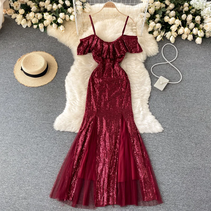 

Celebrity Temperament Banquet Evening Dress Elegant Sling Solid Long Dress Waist Slim Fit Fishtail Sequined Dress for Women