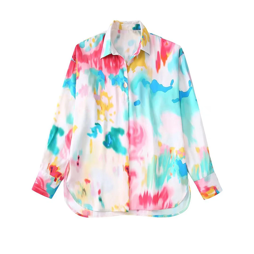 

Women's New Tie Dye Printed Casual Shirts Fashion Retro Long Sleeve Lapel Chic Loose Female Elegant Blouse Mujer