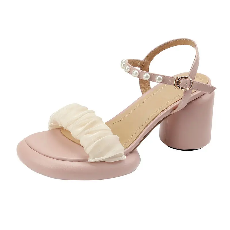 

Женские босоножки из натуральной кожи, туфли-лодочки на шнурках с бусинами и круглым каблуком, лето 2023