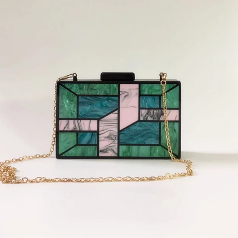 New Look Geometric Patchwork Acrylic Evening Bag Stylish Vintage Hard Box Handbag Prom Party Lady Clutch Chic Trendy Chain Purse