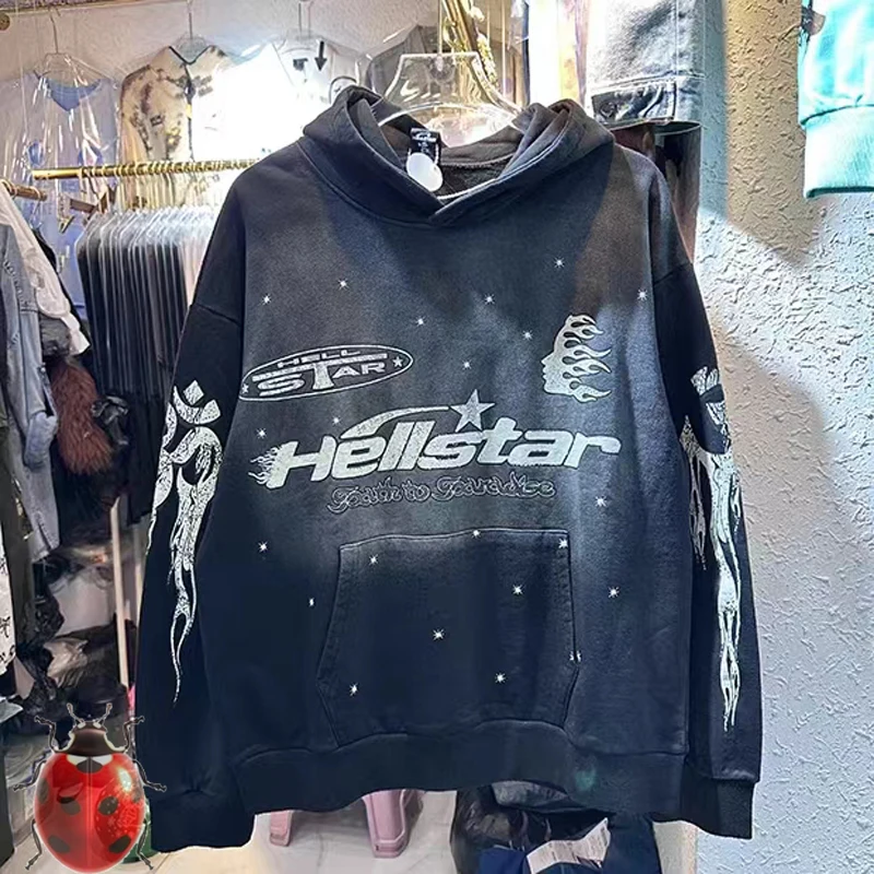 

Vintage Wash Black Hellstar Cracked Flame Stars Mud Print Hooded Hoodie Men Women High Quality Casual Oversize Pullover