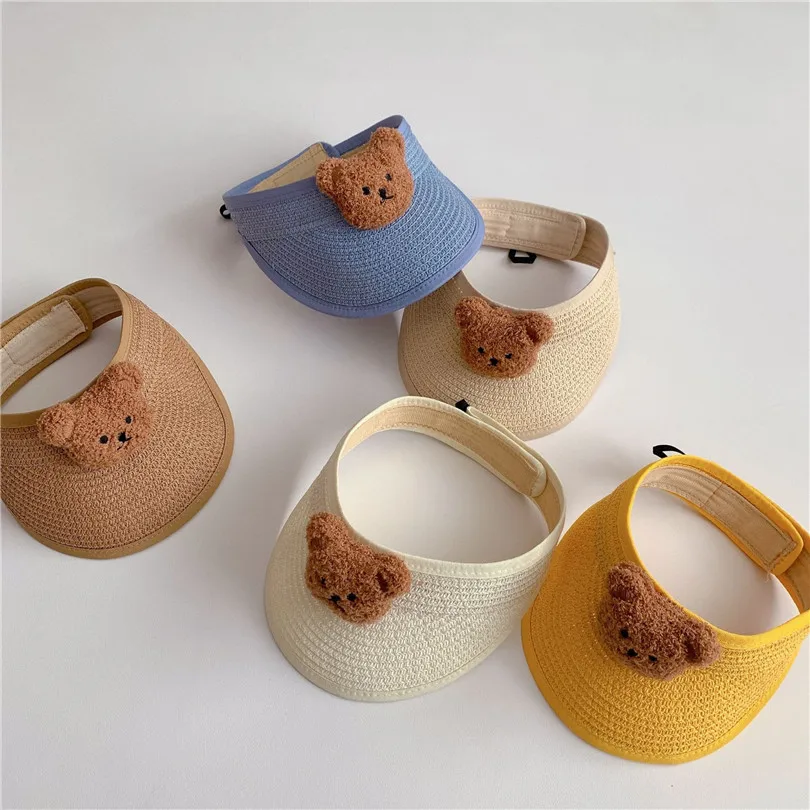 

Baby Hat Summer 2022 Cartoon Bear Children Boys Girls Straw Hat Kids Toddler Sun Hats Cap Panama Shades Ear Beach Hats 1-7Y