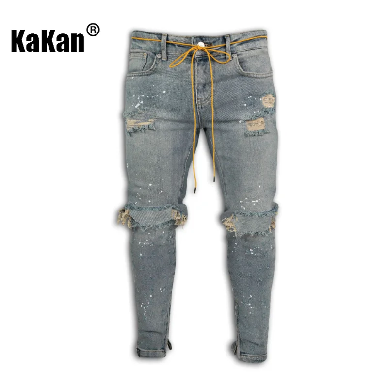 Kakan - European and American New Tight Feet Painted Perforated Jeans for Men, Light Blue Black Wash Jeans K40-1973