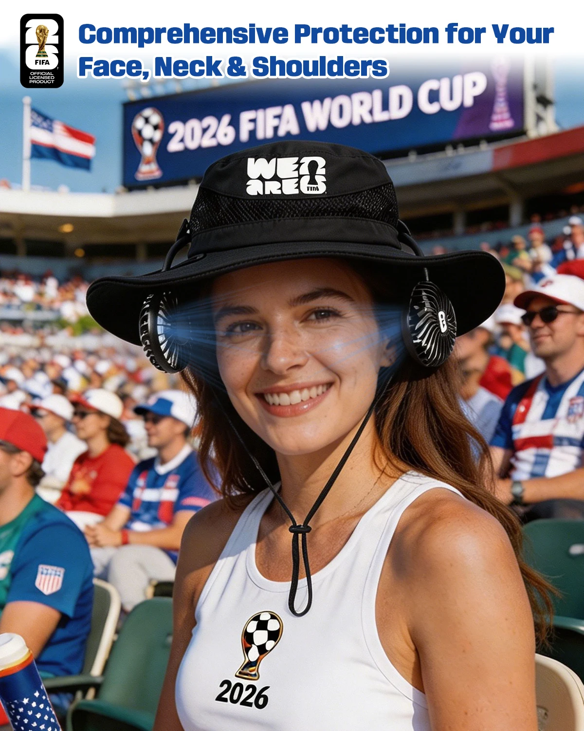 Фото Вентилятор-шляпа для Чемпионата мира FIFA 2026, официальная лицензия, USB-C, перезаряжаемый, 3 скорости, вентилятор на шею, водонепроницаемый, с защитой от УФ-излучения, для матчей №5