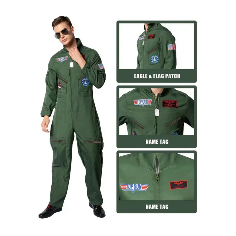 

Top Gun Movie Cosplay American Airforce Uniform Halloween Costumes for Men Adult Army Green Military Pilot Jumpsuit Astronaut