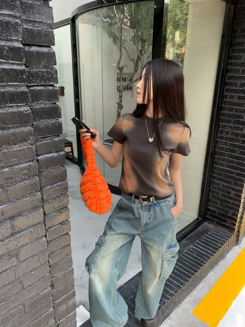 Уличный модный винтажный Повседневный флуоресцентный градиентный кроп-топ с