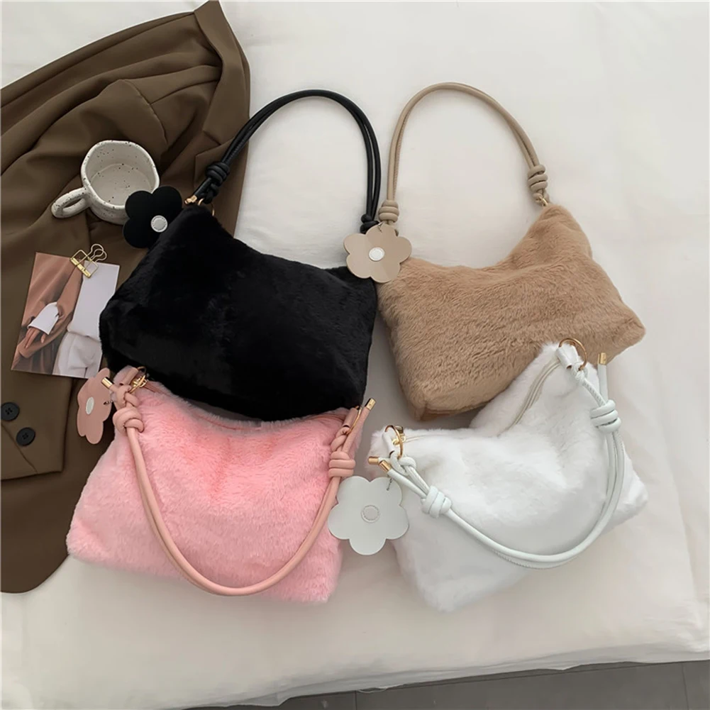 

Soft Plush Hobos Shoulder Bags Simple Design Women Winter Furry Ladies Clutch Purse Handbag Fashion Female Underarm Bag Pendant