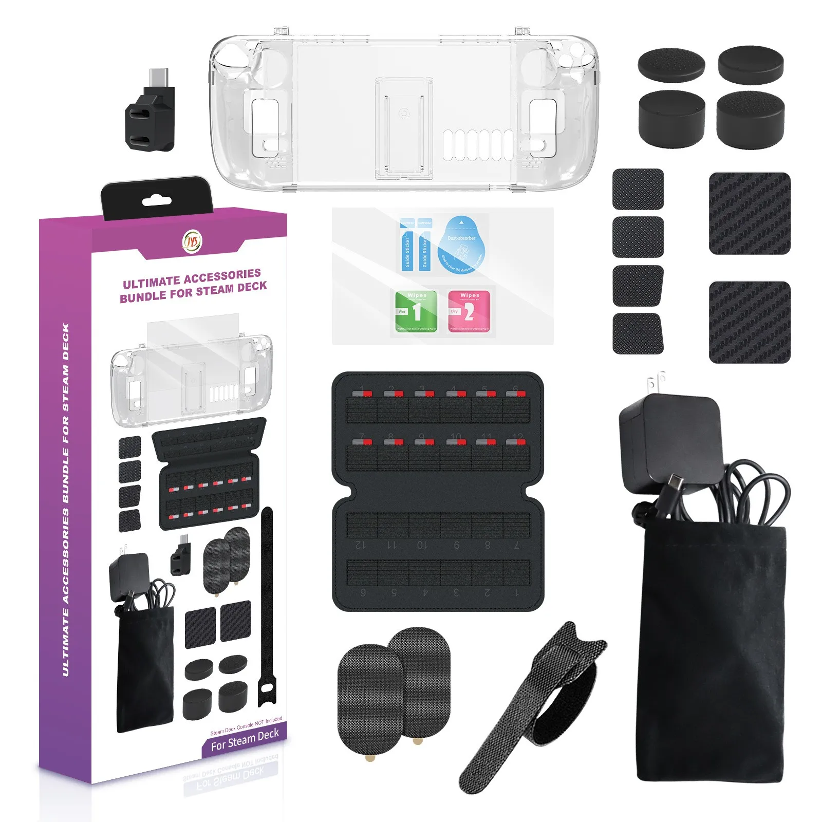 

For Steam deck 19-in-1 set crystal case + touch screen sticker + silicone pad + tempered film + tie + storage bag