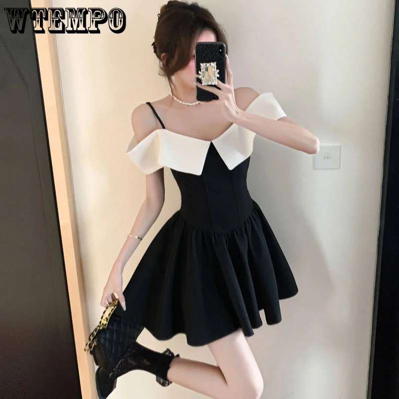 

Black Sweet Halter Dress Off Shoulder Women A-word Version Vintage Splicing Slim Sexy Hotsweet Preppy Style Korean Fashion