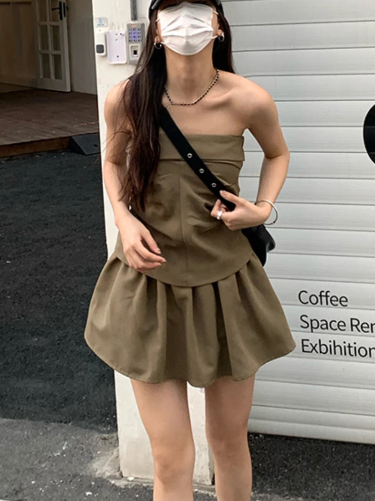 

Однотонный винтажный комплект из двух предметов без рукавов, женский летний повседневный костюм с мини-юбкой с рюшами, женский модный комплект в Корейском стиле с высокой талией, новинка 2023