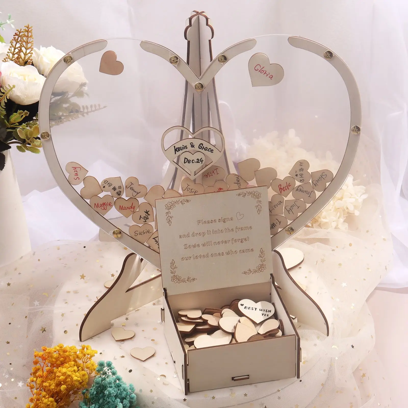 

Heart Shape Transparent Wedding Guest Book Decoration Rustic Sweet Heart Drop Box Wedding Drop Box 3D Guestbook Wooden Box