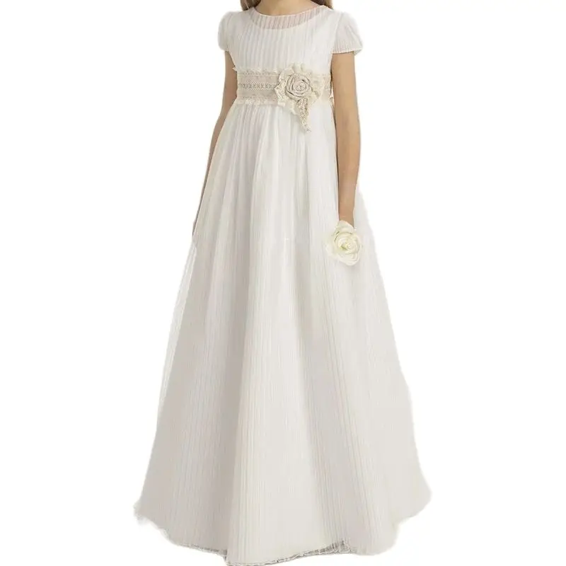 

Vintage Flower Girl Dresses for Wedding Empire Waist Short Sleeve Tulle Crew Champagne Lace Sash Children First Communion Gowns