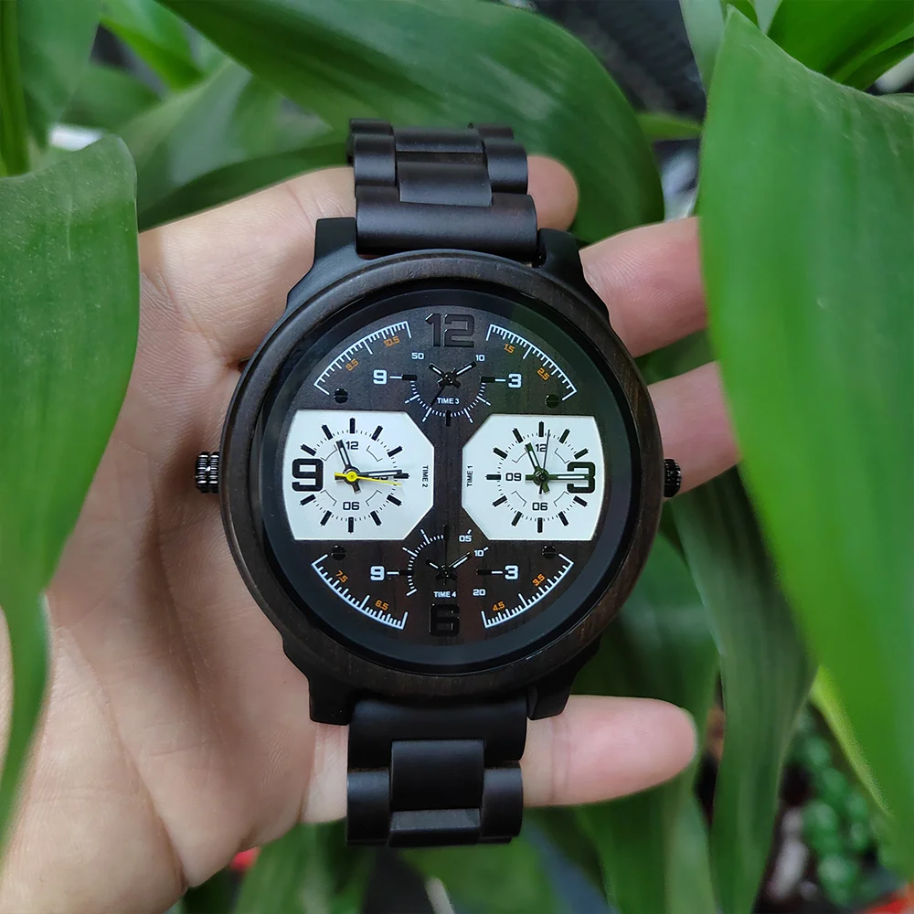 

Часы наручные мужские кварцевые с большим циферблатом, роскошные модные, с двойным часовым поясом из черного дерева