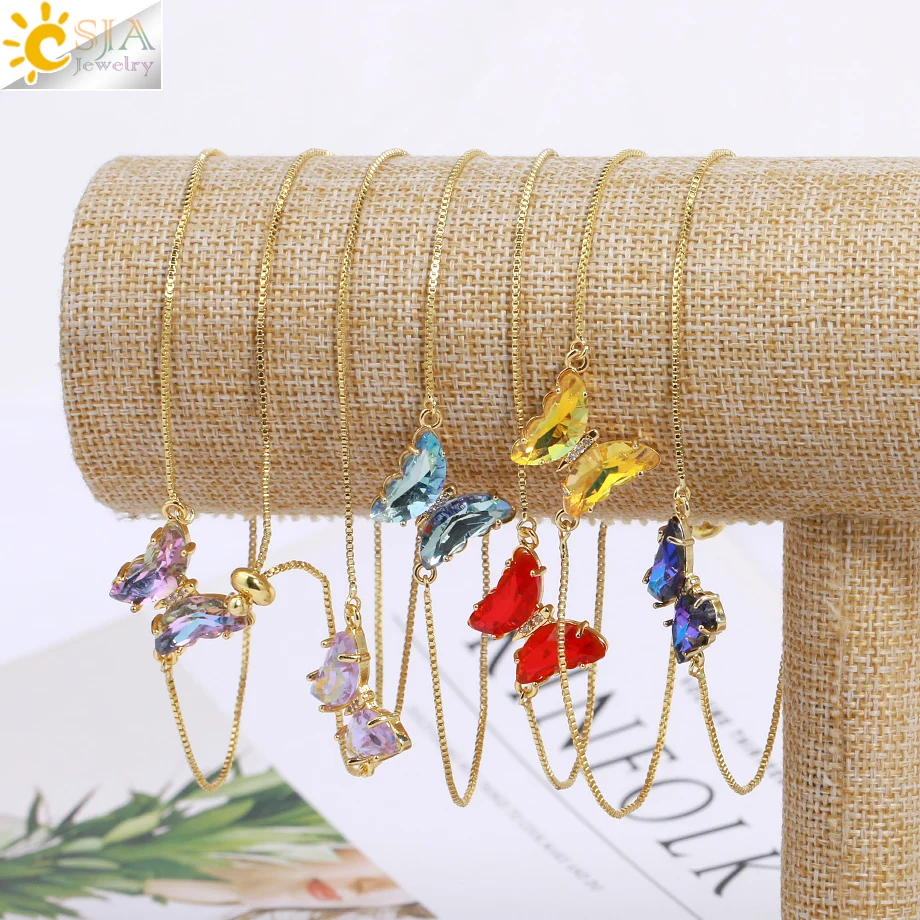 

CSJA Luxurious Butterfy Stainless Steel Beacelet for Women Beads Charm Adjustable Gold Color Chain Bracelets Gift Jewelry H167