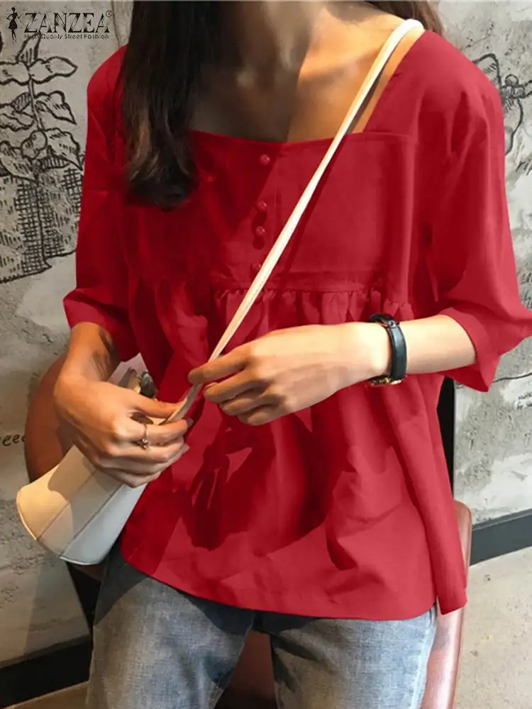 

ZANZEA Fashion 3/4 Sleeve Tunic Tops Women Square Neck 2023 Summer Solid Color Peplum Blusas Pleated Casual Versatile Blouses