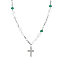 2022 new punk trend rhinestone cross pendant stainless steel green beaded necklaces for men and women