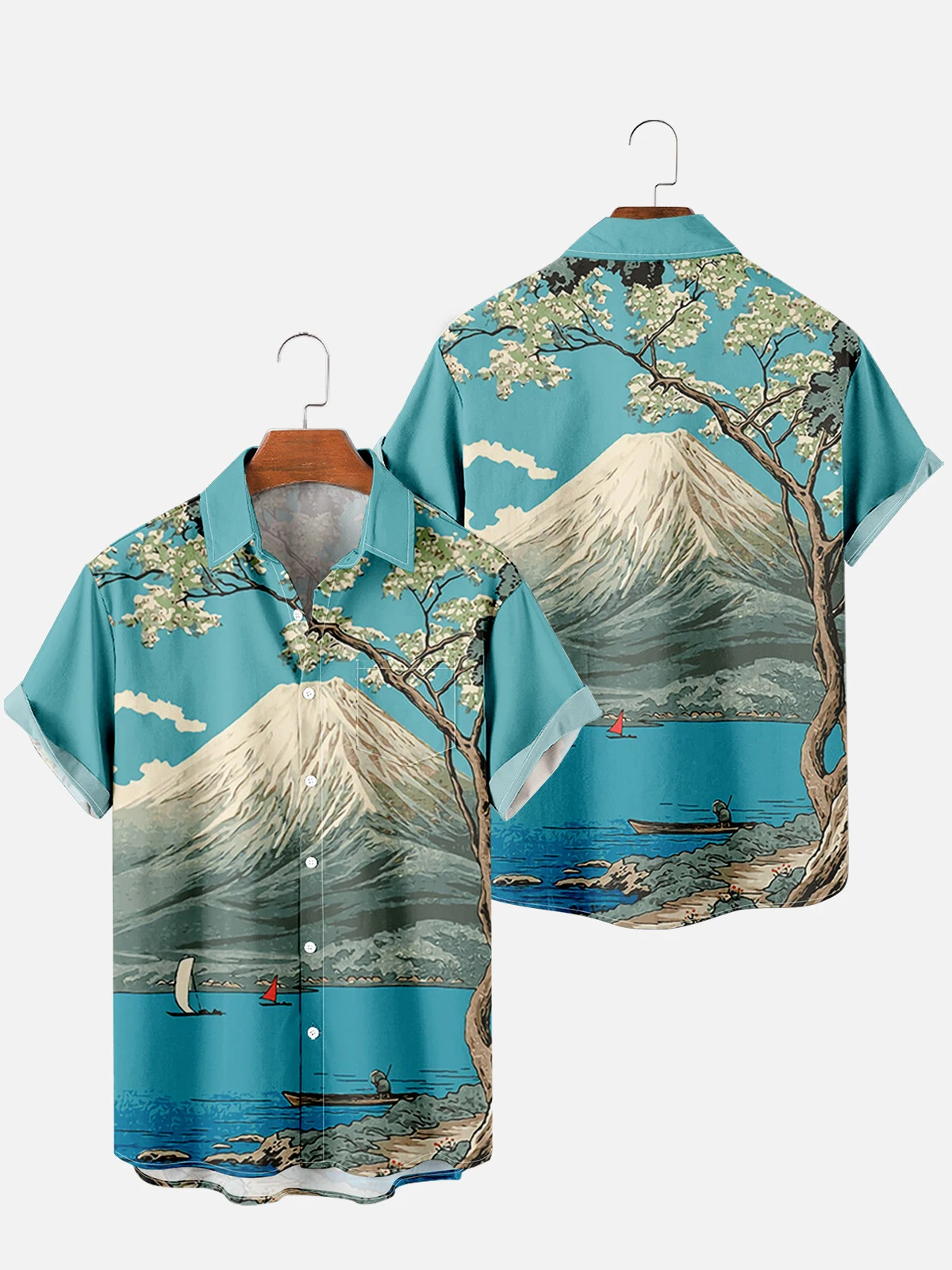 2022 Men's Trend Casual Harajuku Japan Fuji Mountain Retro Style Spring Summer Short Sleeve Shirt Chest Design Fashion Button 1